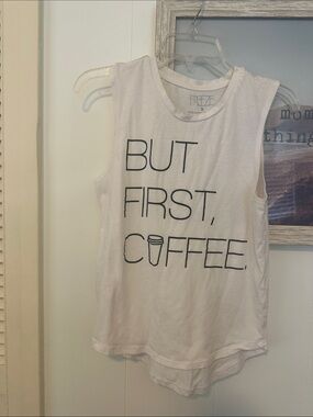 Size Small Freeze White Tank with Black "But First, Coffee" Graphic